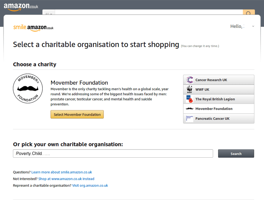 Screenshot showing Amazon Smile select charity screen