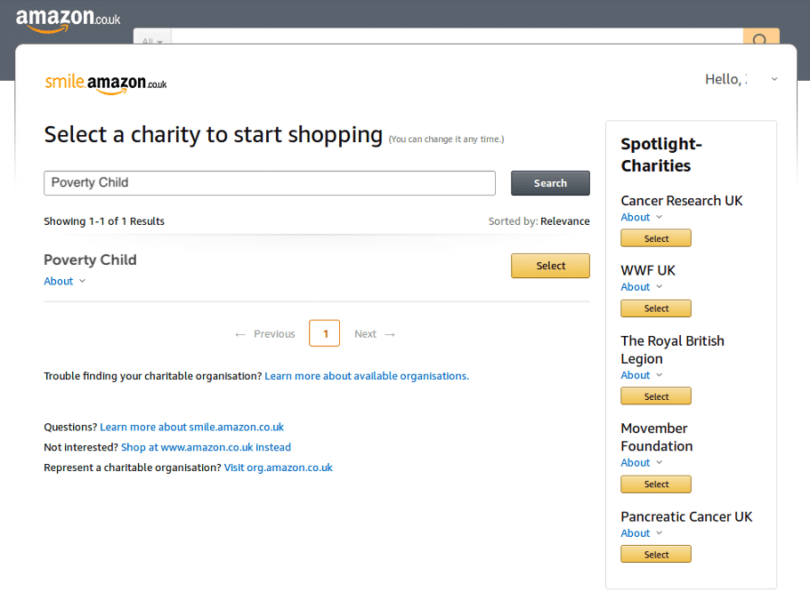 Screenshot showing how to select Poverty Child as your charity on Amazon Smile