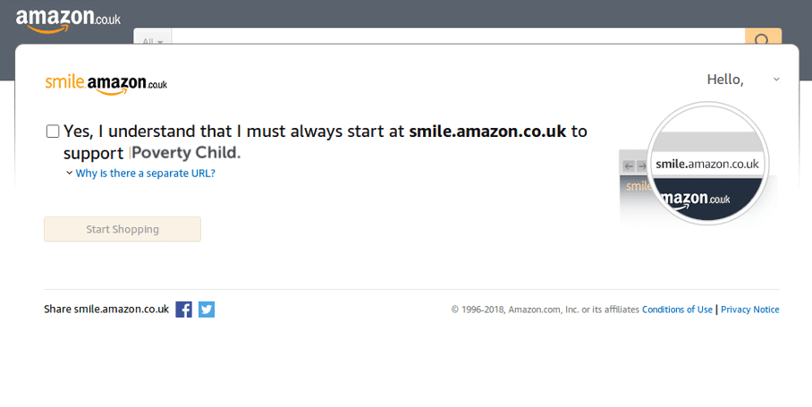 Screenshot showing confirmation message on Amazon Smile