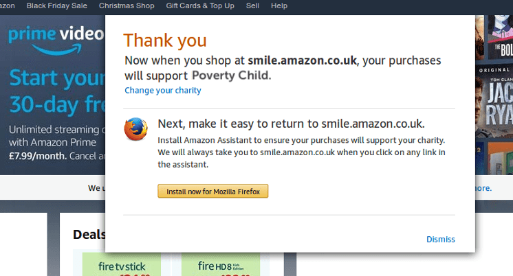 Screenshot showing how to setup a bookmark to Amazon Smile